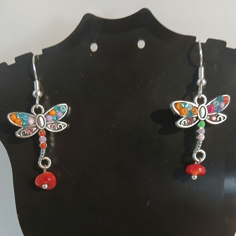 Red and Blue Dragonfly Earrings with Silver Hooks